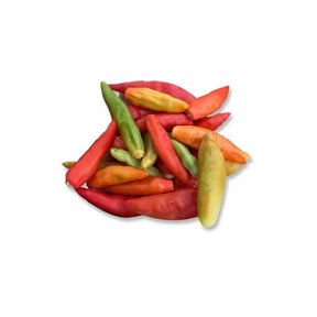 Fresh Karen chili peppers with stems removed, small hot Thai chilies, 100g pack isolated on white background