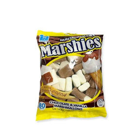Chocolate and vanilla flavored marshmallows, soft mixed candy, 80g pack isolated on white background