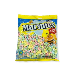 Mini marshmallows, small soft candy pieces, 150g pack isolated on white background