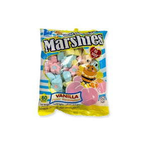 Vanilla flower-shaped marshmallows, soft decorative candy, 80g pack isolated on white background