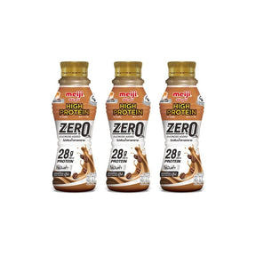 Meiji high protein coffee flavor drink with no sugar added, pack of three 350ml bottles isolated on white background