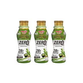 Meiji high protein green tea flavor drink with no sugar added, pack of three 350ml bottles isolated on white background