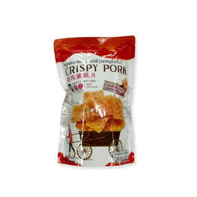 Crispy pork sheet snack with spicy flavor, thin pork slices, 65g pack isolated on white background
