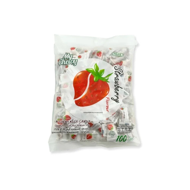 ลูกอมนมเคี้ยวหนึบกลิ่นสตรอเบอร์รี่ ตรามายชูวี่ 360 กรัม x 100 เม็ด / ห่อ
