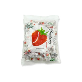 Strawberry milk flavored chewy candies, soft milk chews, 100 pieces per pack isolated on white background
