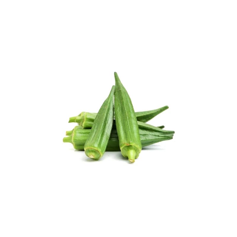 Fresh okra pods, tender green lady fingers, 250g pack isolated on white background