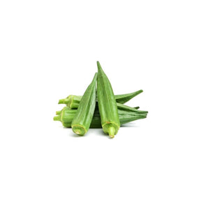 Fresh okra pods, tender green lady fingers, 250g pack isolated on white background