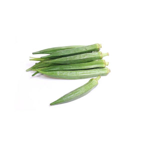 Fresh okra pods, tender green lady fingers, 500g pack isolated on white background