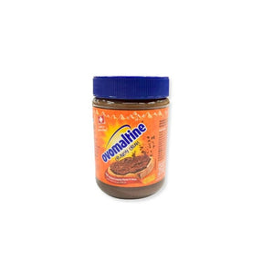 Ovomaltine crunchy chocolate spread jar on a white background