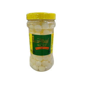 Mae Jint brand pickled garlic bulbs jar on a white background