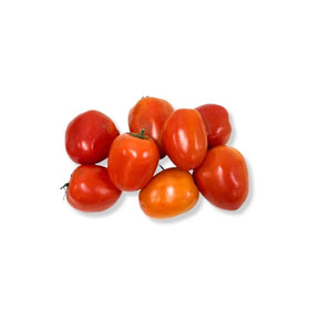 Fresh plum tomatoes, firm red oval tomatoes, 500g pack isolated on white background