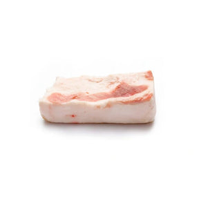 Fresh pork fat, trimmed pork fat pieces, 300g pack isolated on white background