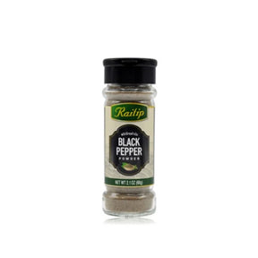 Raitip black pepper powder, finely ground spice, 60g pack isolated on white background