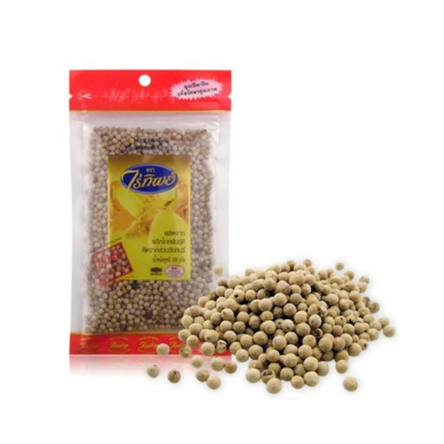 Raitip whole white peppercorns, aromatic pepper spice, 100g pack isolated on white background