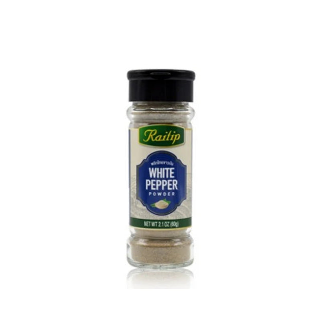 Raitip white pepper powder, finely ground spice, 60g pack isolated on white background