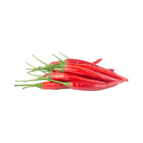 Fresh red chili spur peppers, long hot red chilies, 250g pack isolated on white background