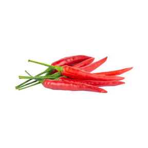 Fresh red chili spur peppers, long hot red chilies, 500g pack isolated on white background