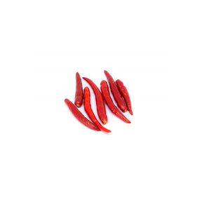 Fresh red chili spur peppers with stems removed, long hot red chilies, 100g pack isolated on white background