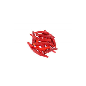 Fresh red chili spur peppers with stems removed, long hot red chilies, 500g pack isolated on white background