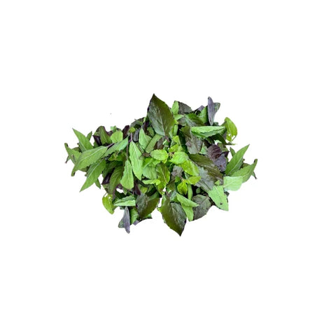 Trimmed Red Holy Basil 500g pack on white background — aromatic Thai red basil leaves for quick meal prep and Thai dishes.