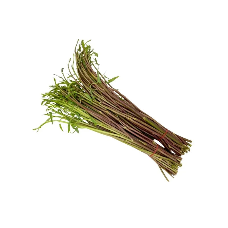 Fresh Red Morning Glory 500g pack on white background — vibrant red-stemmed greens ideal for Thai stir-fries and curries.