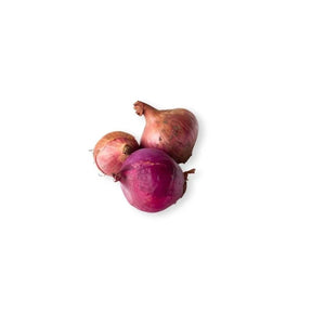 Fresh Indian red onions, small aromatic onion bulbs, 250g pack isolated on white background