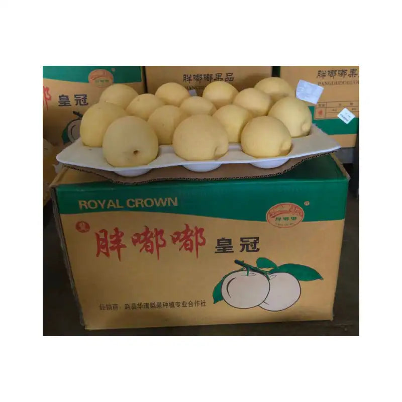 Box of Royal Crown pears with a tray of pears on top