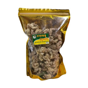 Seasoned pork cracklings pack on a white background