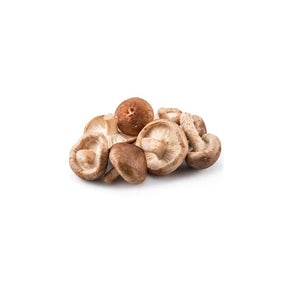 Fresh large shiitake mushrooms, thick caps and stems, 250g pack isolated on white background