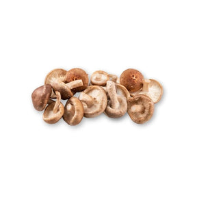 Fresh large shiitake mushrooms, thick caps and stems, 500g pack isolated on white background