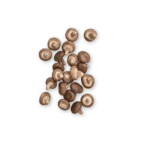 Fresh small shiitake mushrooms, compact aromatic caps, 100g pack isolated on white background