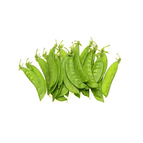 Fresh snow peas, flat tender pea pods, 500g pack isolated on white background