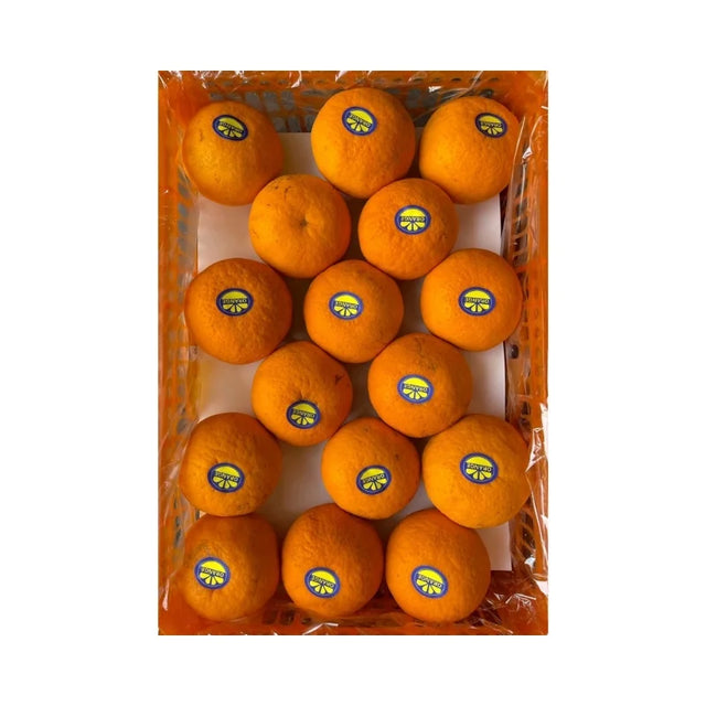 Box of oranges with visible brand stickers on a white background