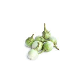 Fresh Thai eggplant, small round green eggplants, 250g pack isolated on white background