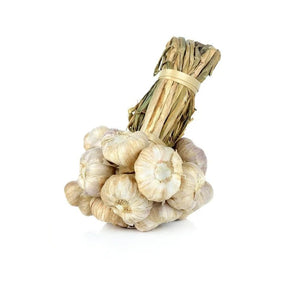 Fresh bundled Thai garlic, whole garlic bulbs with stems, 500g bundle isolated on white background