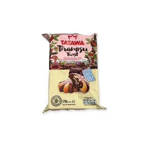 Tiramisu cookies with coffee and chocolate cream filling pack on a white background