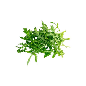 Fresh wild rocket leaves, peppery arugula greens, 100g pack isolated on white background