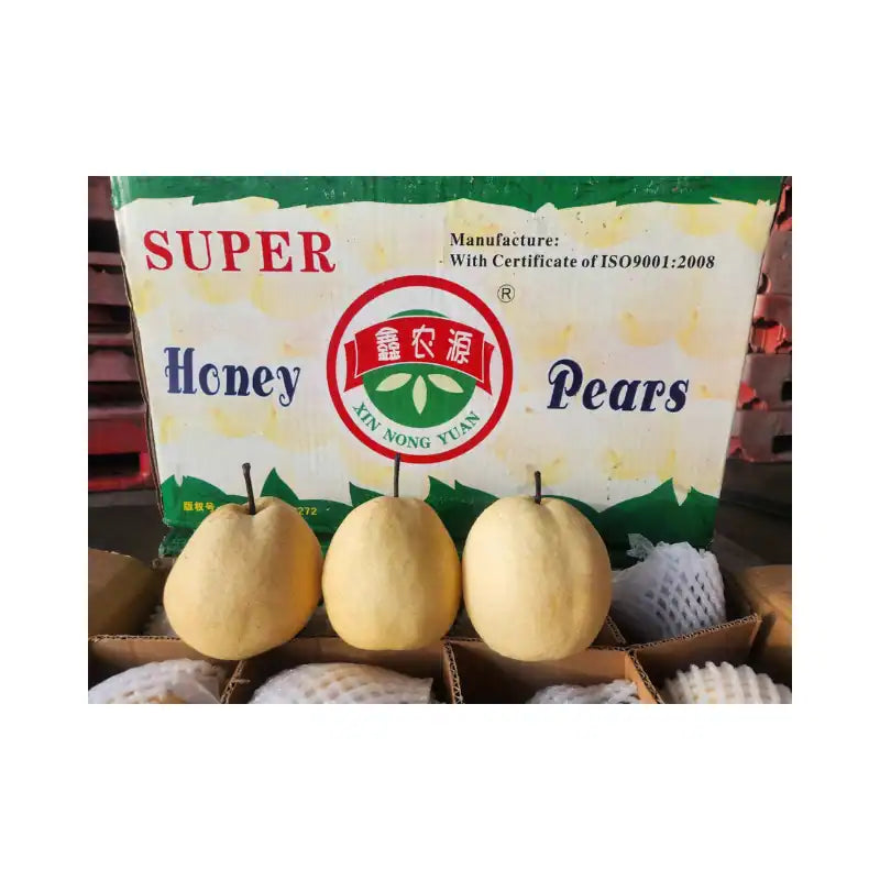 Packaging of Super Honey Pears with a brand logo on a white background