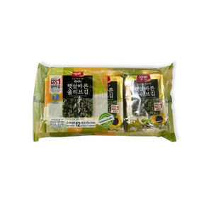 Yangban olive and sunflower oil seaweed snack pack on a white background