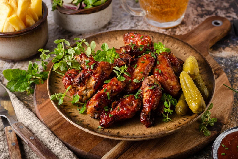 Platter of chicken wings with garnishes on a wooden board, accompanied by sides and a drink.